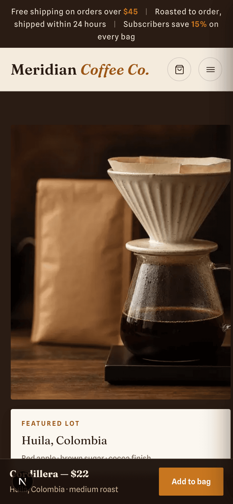 Meridian Coffee storefront — mobile